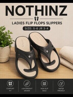 NOTHINZ Ladies 5-6 Jr3-4 Black  Flip Flops Slippers